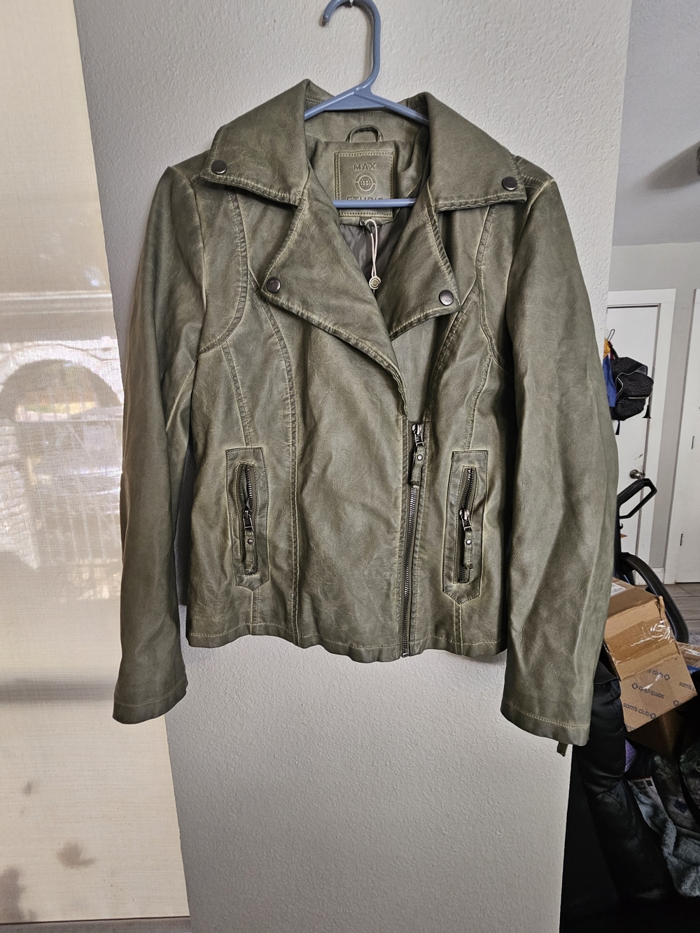 Max Studio Olive Green Moto-Style Leather Jacket